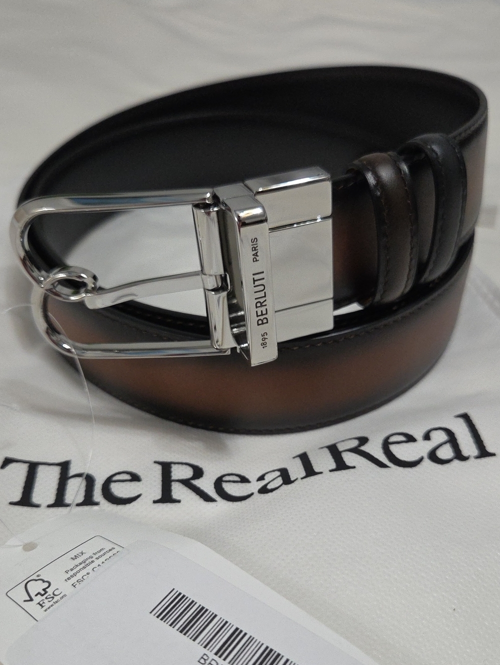 Berluti Reversible Brown & Black Leather Belt Silver Buckle